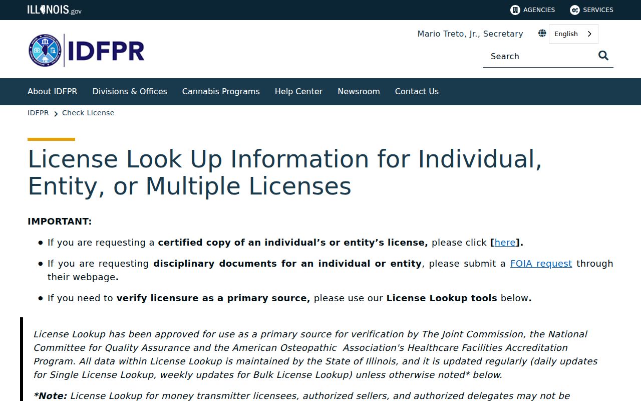 Illinois IDFPR license lookup used to confirm a public Kankakee role
