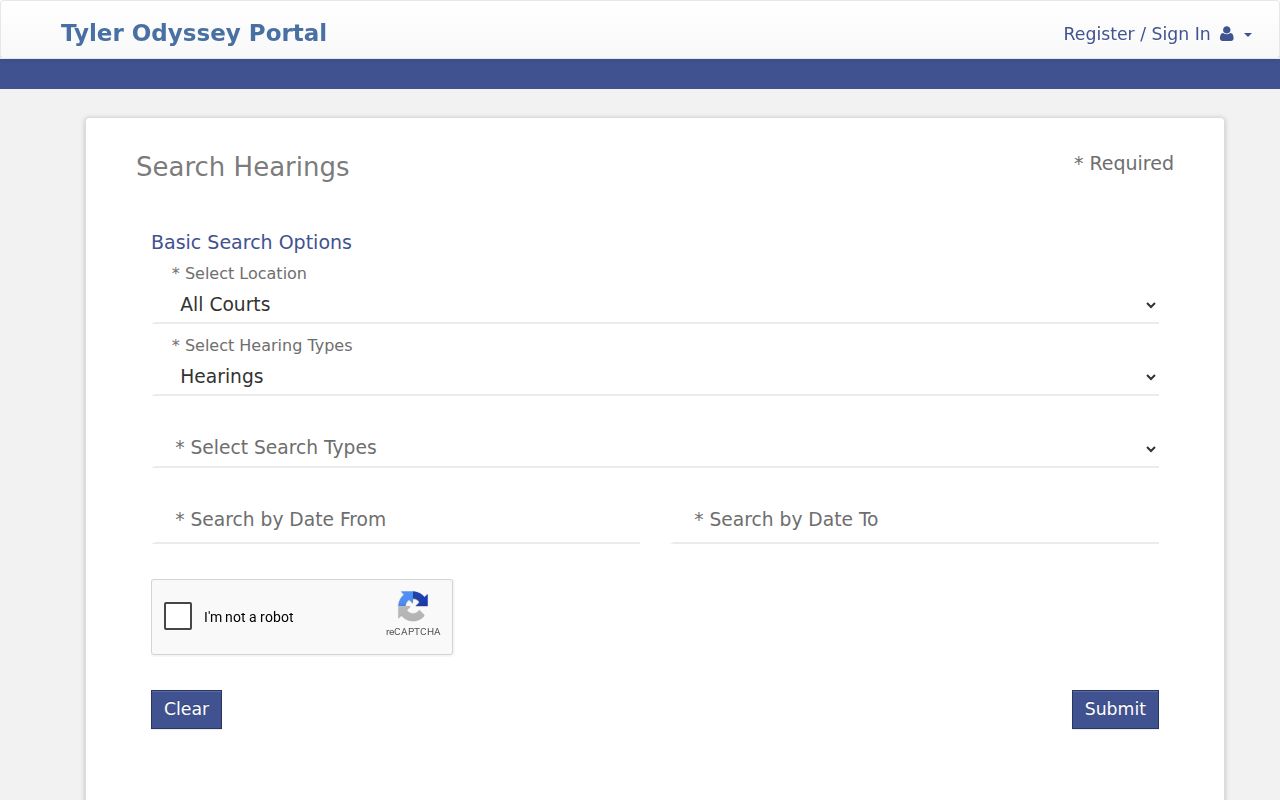 Kankakee Tyler hearing search filters and calendar controls