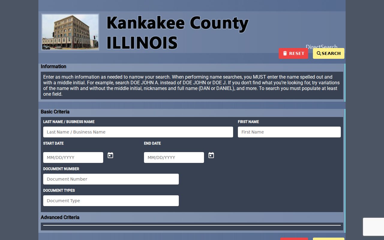 Kankakee County Recorder Direct Search land record interface